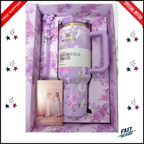 s-l960 (7) Stanley x LoveShackFancy 40 oz Quencher H2.0 Tumbler Rosa Beaux Purple, Happy Thoughts Cup New - Image 1